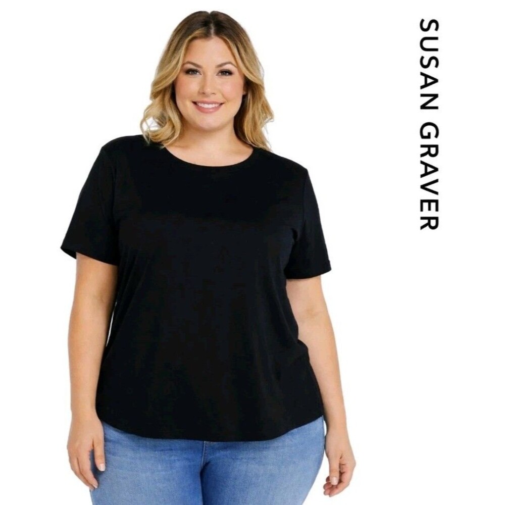 SUSAN GRAVER Women 1X Essentials Butterknit Short Slv T-Shirt Solid Black A96742
